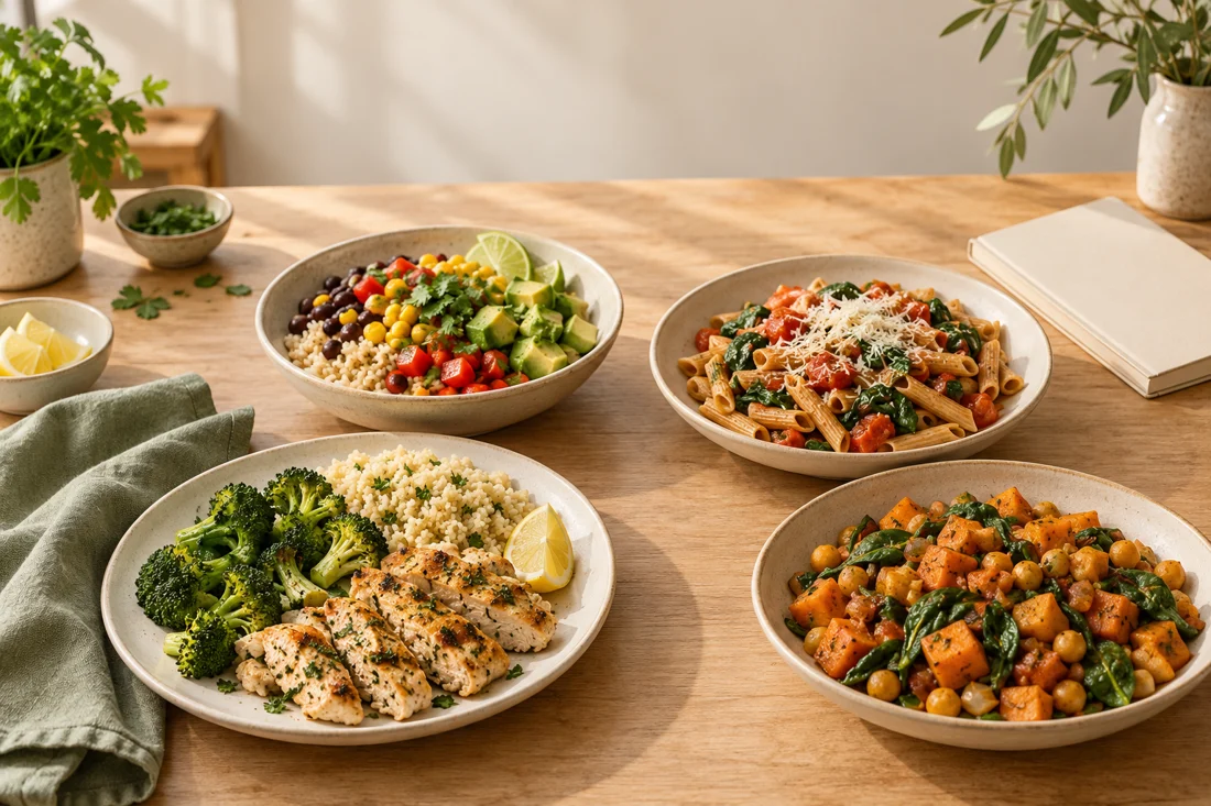 Illustrative chicken, bean, pasta and chickpea dinners in Nora’s kitchen