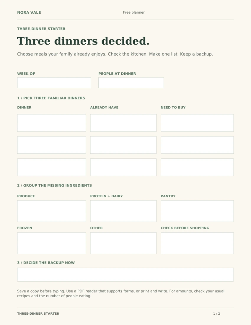 Preview of the real Nora Vale three-dinner planner