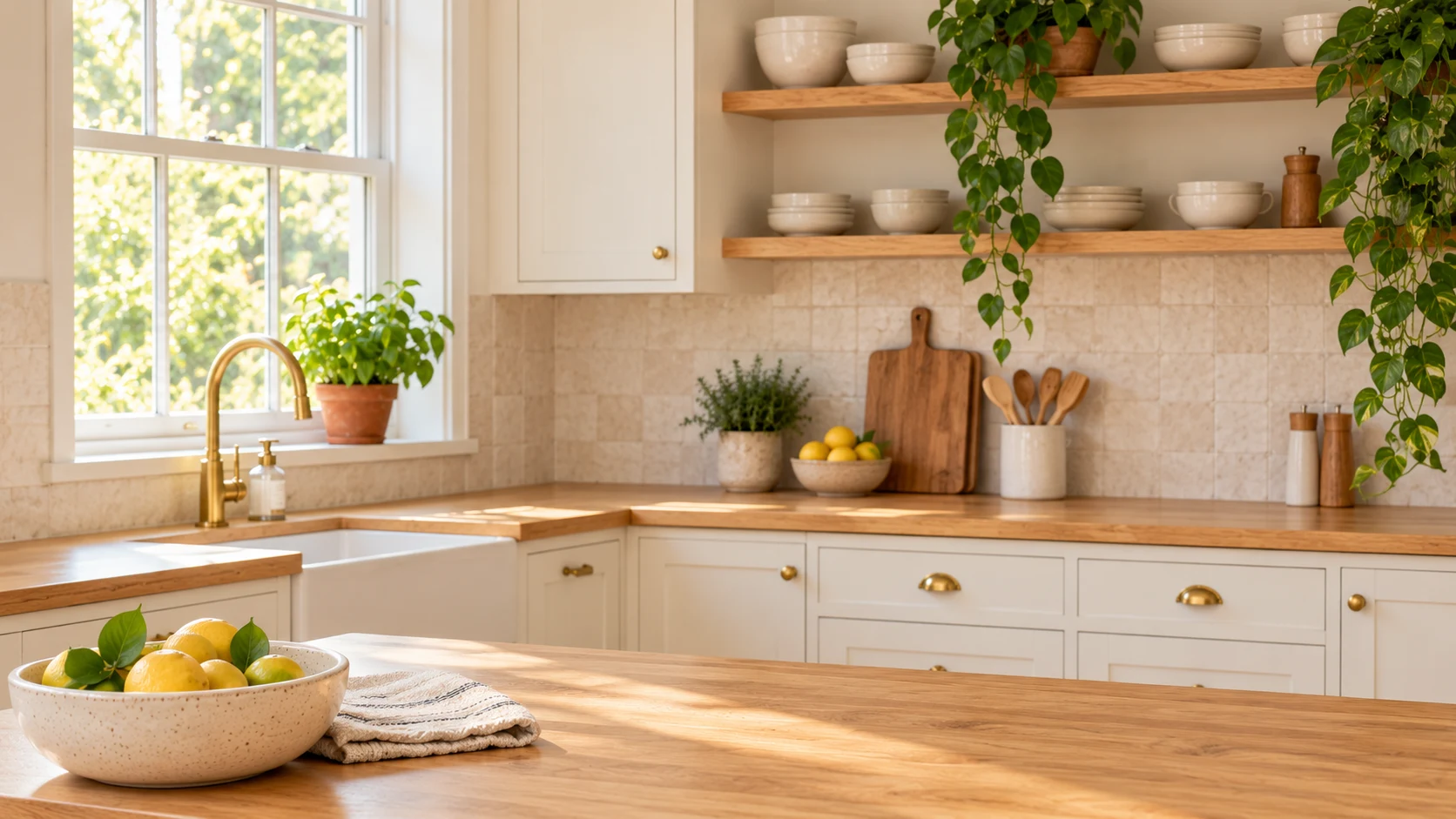 The familiar ivory and oak Nora Vale kitchen